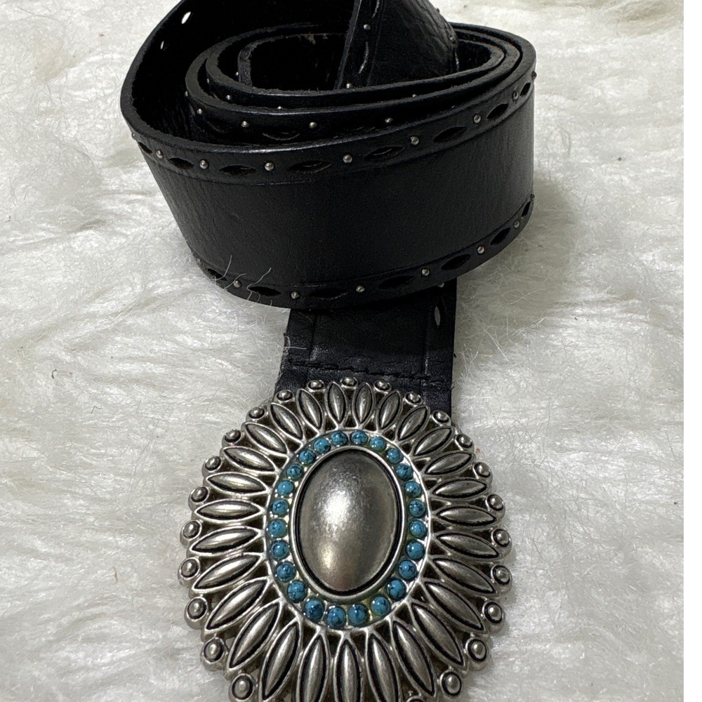 Fossil Belt Womens 35-39 Western Black Leather Turquoise Concho Studded Boho Y2K